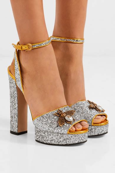 gucci embellished glittered leather platform sandals|Gucci leather and mesh sandals.